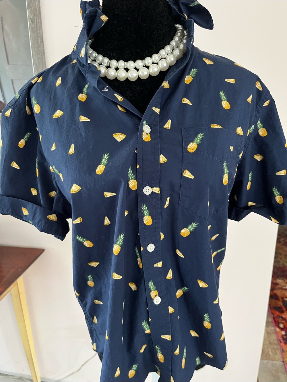 Upcycled Banana Republic Navy Blue Pineapple Print Ruffle Collar Shirt